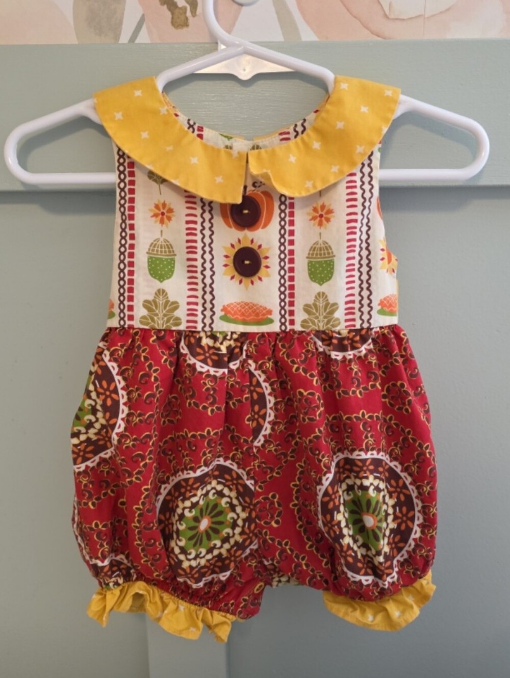 Eleanor Rose Yellow & Red Floral Fall Pumpkin 3 Months 3-6 Bubble Romper Leaves